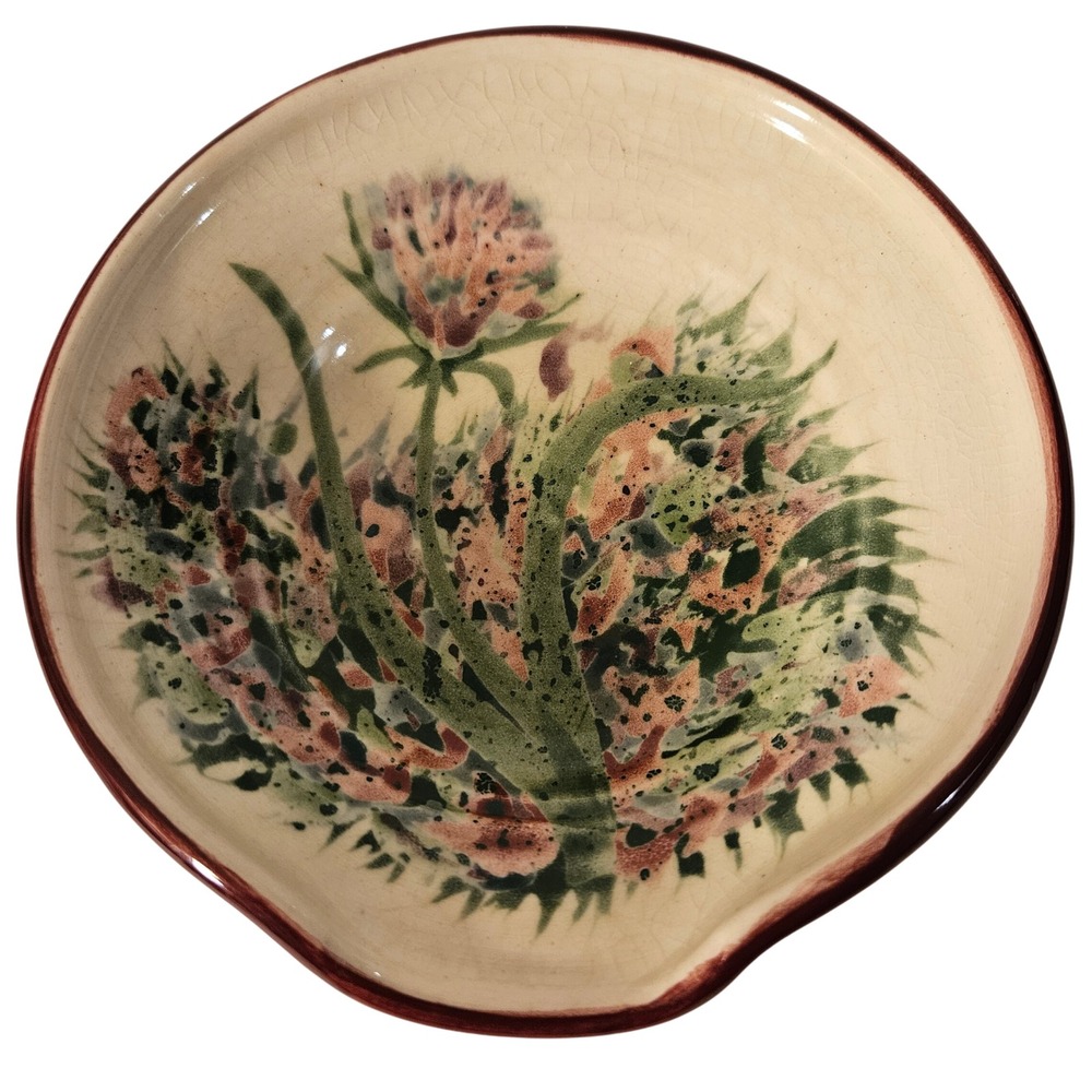 Hand-Painted Floral Ceramic Spoon Rest in Cream and Green